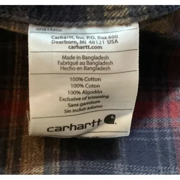 Carhartt Mens 2XL Plaid Flannel Button-Up Shirt 100% Cotton Long Sleeve - Picture 7 of 8